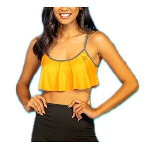 Loco Boutique Hawaii Solid Orange Gray Logo Flounce Sporty Crop Swim Bra Top S